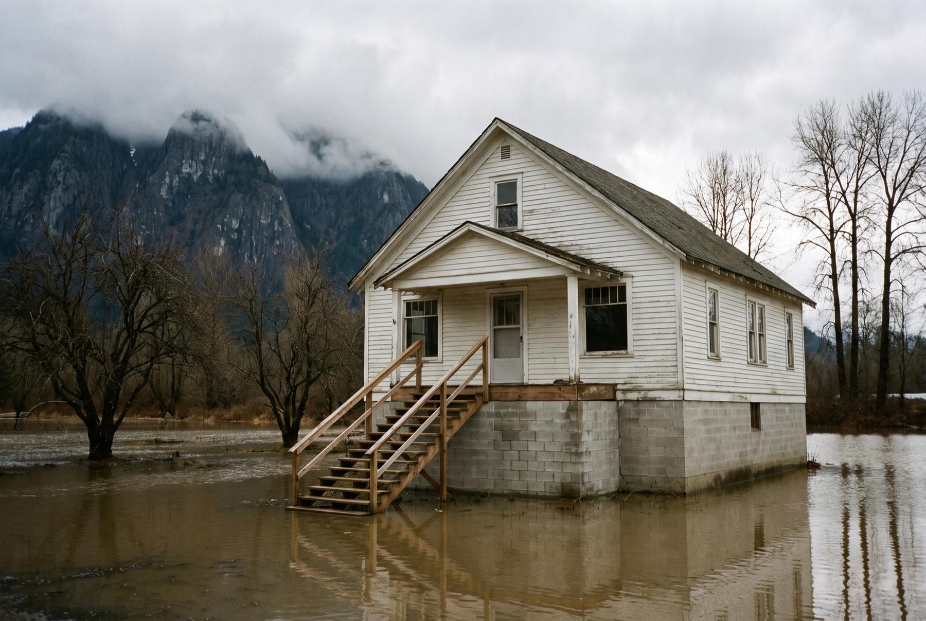 An old white farmhouse raised on a tall concrete block foundation with new wooden stairs to the door, floodwater standing all around it and Mount Si’s rock face half hidden in low cloud behind