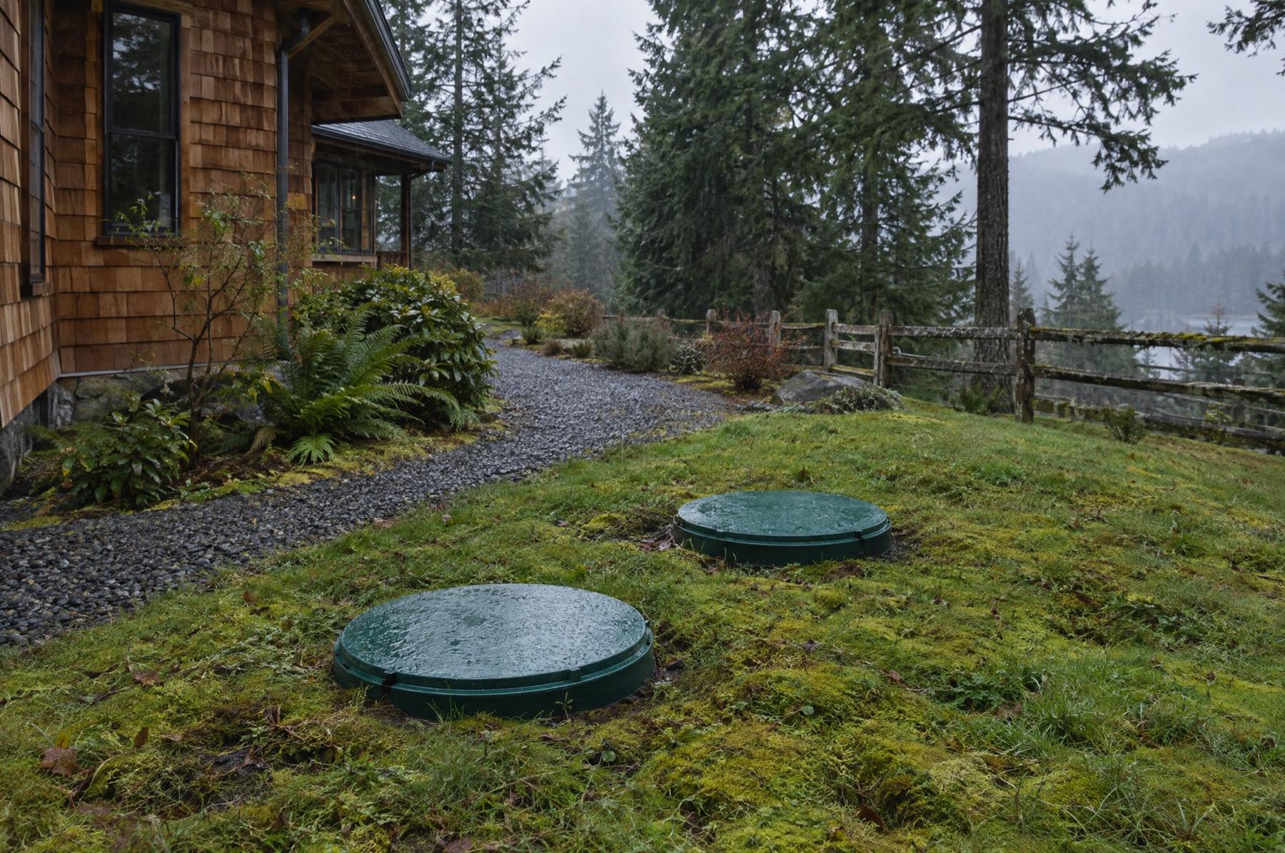 Two round green septic tank lids set flush in a wet, mossy lawn beside a gravel path along a cedar-shingled house, with a split-rail fence and tall firs beyond in the rain